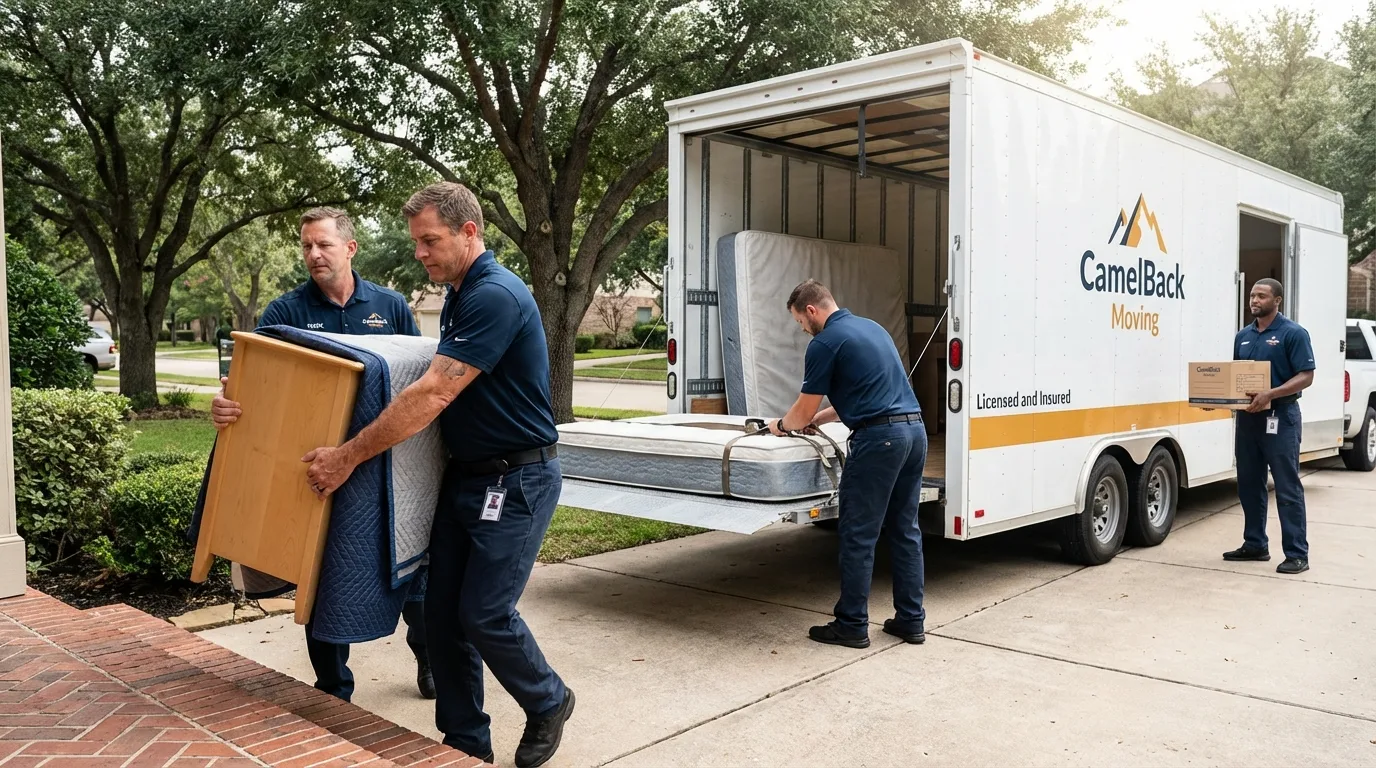 Crew loading residential truck for cross-state move from Howland, ME
