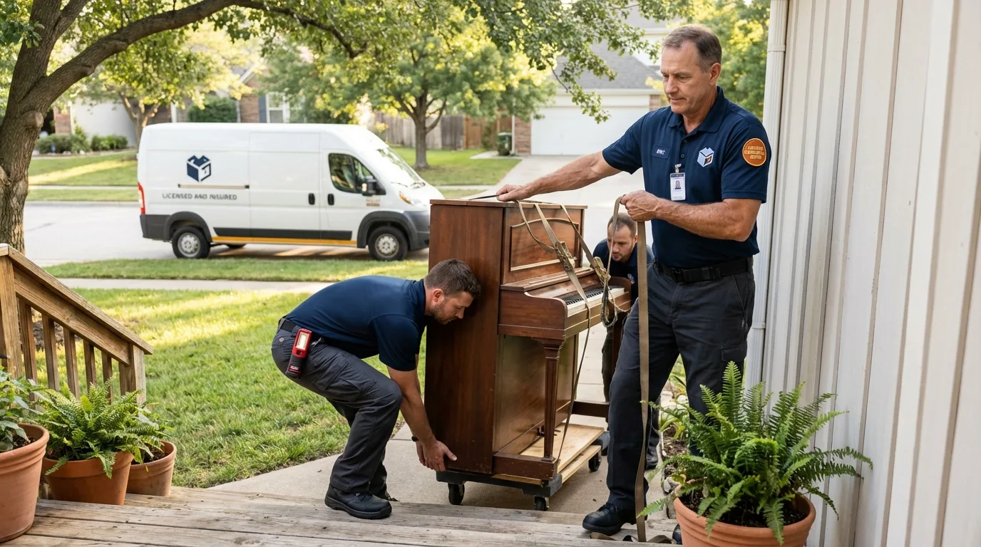 Licensed piano movers securing grand piano in Howland, ME