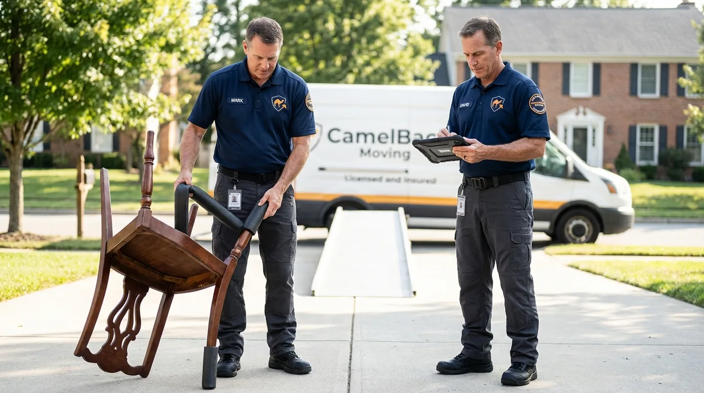 Movers inspecting furniture for damage prevention before loading in Howland, ME